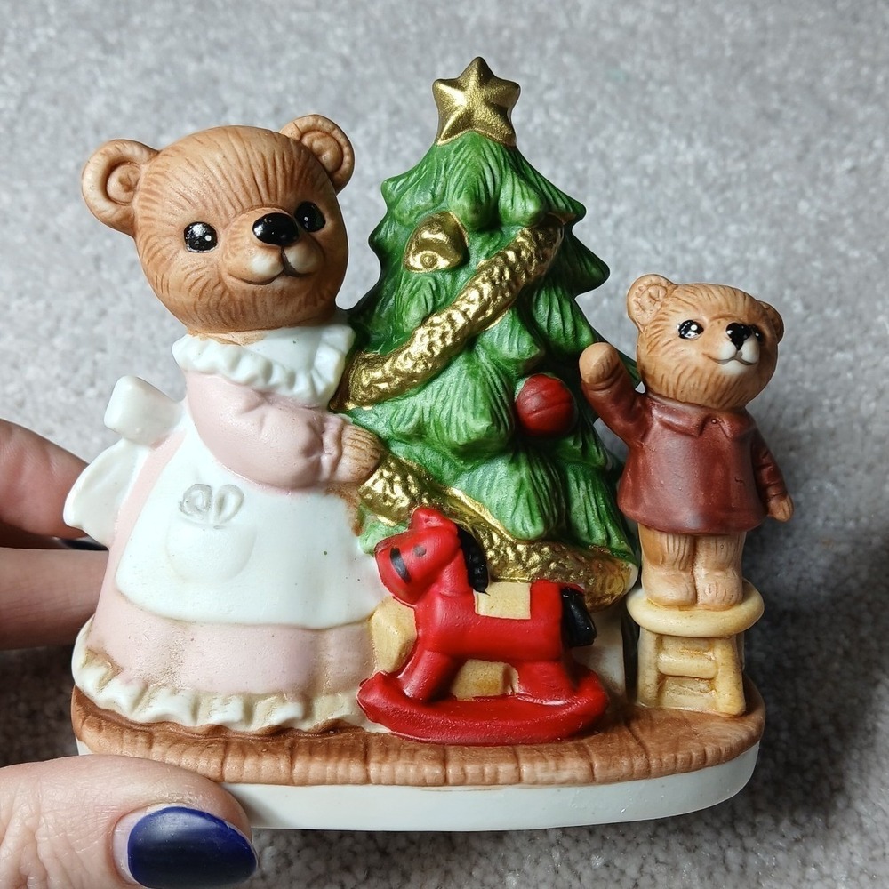 Vintage Homco Mother & Baby Bear with Christmas tree Rocking Horse 1970's